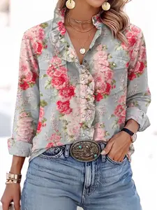 Chic Petal Vintage Floral Ruffle Button Down Shirt Western Cowgirl Boho Rodeo Top with Adjustable Fit- Womenswear Blue Casual Fabric,summervibes
