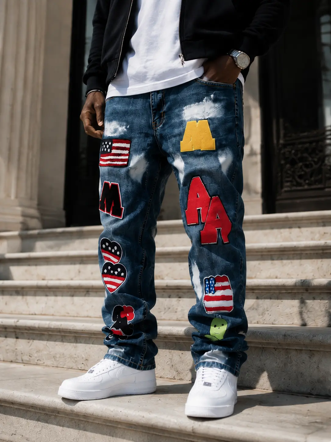 Men's Vintage Wash Patchwork Denim Pants - USA Flag Graphic Straight Leg, Y2K Streetwear Casual Bottoms with Heart Accent, Compatible with Tank Tops & Jackets, Ideal for Halloween, Christmas, Thanksgiving, Easter, Valentine's Day