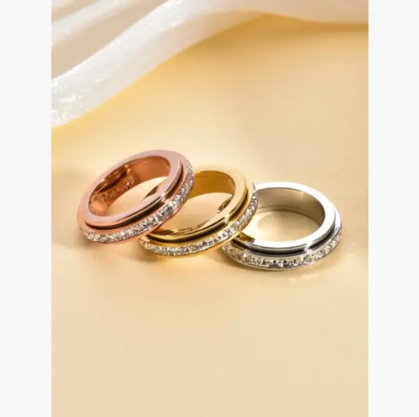 Unisex Stainless Steel Fidget Ring with CZ Gemstone Inlay, 360-Degree Rotating Band for Stress and Anxiety Relief, Fidget Rings