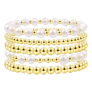OIDEA Boho Stackable Beaded Bracelets Set, Imitation Pearl Stretch K Gold Tone Wristbands, 5 Piece Women Jewelry