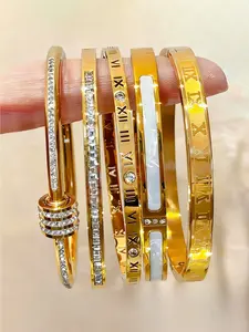 5-piece 18k gold plated women's fashionable and creative Roman numeral stainless steel bracelet set for birthdays/New Year/Valentine's Day gifts, couple/best friend accessories, suitable for men and women's daily wear, party matching