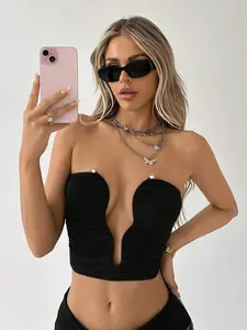 Going Out Tops Y2k Women's Slim Fit Irregularly Notched Underwire Tube Top Sexy Black Tops Beach Women Outfits Casual Rave Festival Concert Outfits Kpop Style Going Out Top