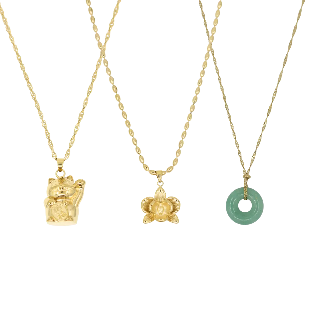 Lucky Moon Necklace Bundle, 316L Stainless Steel 3 Layered Necklace Set for Women, Cat Jade Coin and Orchid Gift