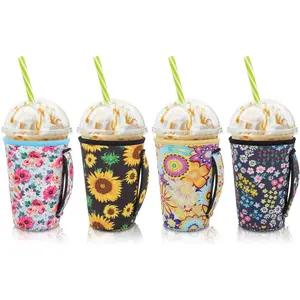 4Pack Reusable Iced Coffee Sleeve Insulator Sleeves for Cold Drinks Beverages, Neoprene Cup Holder for Most Coffee, Fits 22-24oz Medium Cups (Floral Meadow With Handle)