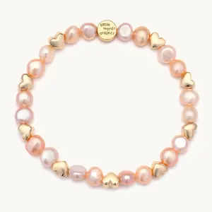 Little Words Project, Hearts by the Pearl Base Beaded Bracelet, Adjustable Fit, Trackable ID, Pink Seaside Sophistication