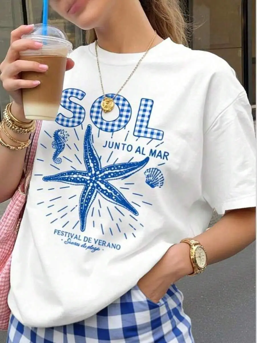 Summer Outfits For Women(This Week's Big  At Our Shop - Don't Miss Out!)"Sol Junto Al Mar" Blue Gingham Starfish Graphic Crop Top Tee, Women's Casual