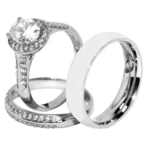 His Hers 3 PCS 8x6mm Oval Cut CZ Womens Stainless Steel Wedding Ring Set Mens Matching Band