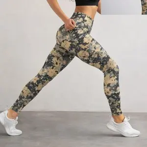 Women's Camouflage Pattern Print Yoga Leggings, High Stretch Polyester Knit Fabric, Casual Long Length Plant Pattern Activewear for All Seasons, Flexible Clothing | Sporty Design | Smooth Fabric