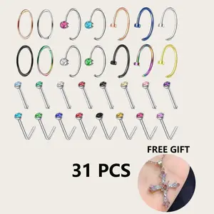 31Pcs Mixed Style Stainless Steel Nose Stud, Colorful Zircon Micro-Paved L-Shaped, Bone Studs & Hoop Rings, Minimalist Party Piercing Accessories