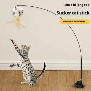 Cat Wand with Suction Base Feather Teaser Toy for Kittens Interactive Play with Replacement Heads and Bell Perfect for Cat Entertainment and Engagement