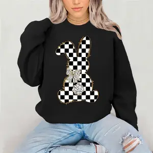 Black And White Checkered Bunny Crewneck Sweatshirt Gildan Everyday Style Super Soft Unisex Fit Streetwear Graphic Top warm Womenswear Casual Printed Long Sleeve Easter bunny