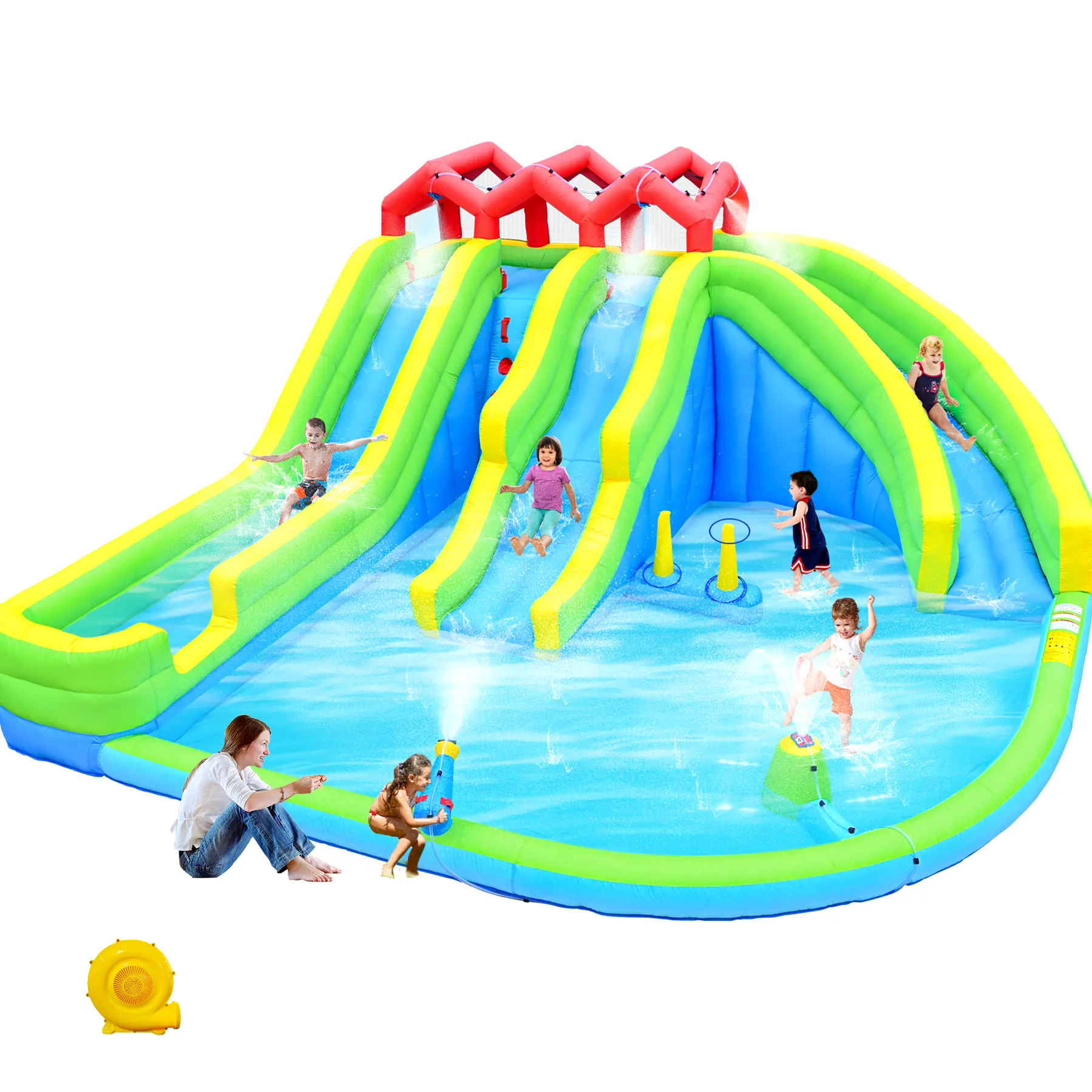 7 IN 1 Inflatable Water Park with Triple Slides, ETL Blower, Water Gun & Sprinkler Fountain, Kids Outdoor Bounce House with Climbing Wall for Backyard Lawn, Water Slides Inflatables, Inflatable Waterslide