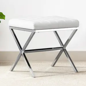 Vanity Stool,Modern PU Leather Ottoman Stool Chair for Vanity,Vanity Bench with Metal X Legs, Rectangle Makeup Stool Padded Foot Rest Stool for Makeup Room, Living Room, Bathroom,WhiteHome shoe changing stool creative coffee table stool simple modern