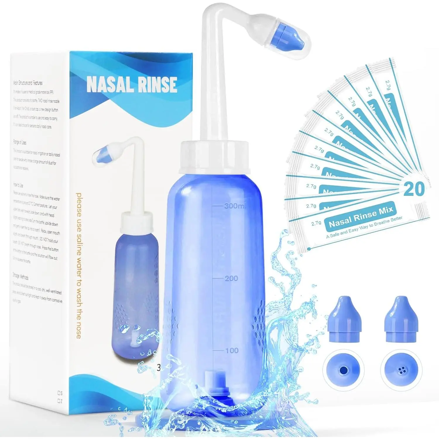 Sinus Rinse Bottle for Allergy & Sinus Relief, 300 ML Portable & Leakproof Nose Cleaner for Adults & Kids, Complete Kit with Travel Bag & Organizer, Moisturizing, Bathroom, Universal, Plastic, Daily, Storage, Cleansing, Soothing, Compact, 60 Packs, 300Ml,