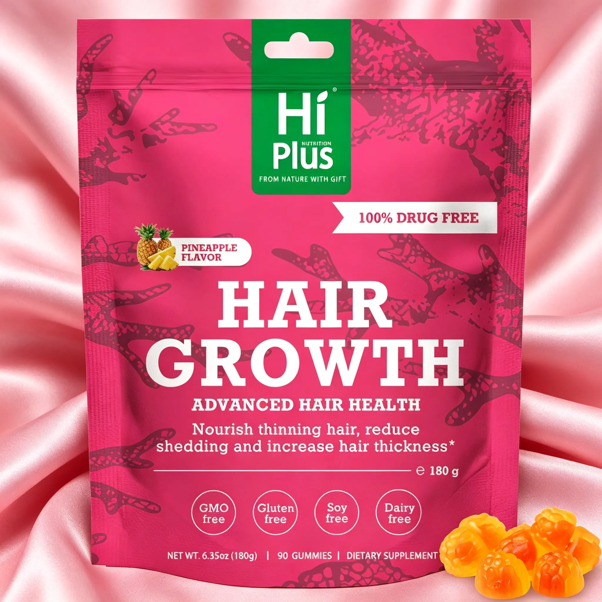 HiPlus Edible Beauty Protein Collagen Gummies - Pineapple Flavor, 90 Count, Non-GMO, Gluten-Free, 0 Sugar, Ashwagandha, Cinnamon Bark Extract, Zinc, Vitamin C, Chewable Beauty Products for Hair & Nail Care, Reduces Shedding, Energy Support Dietary Aid