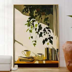 Book and Flower Art Print, Modern Coffee Wall Decor, Minimalist Poster, Colorful Home Decor for Kitchen or Study, Gift for Her, Room Decor, Unframed