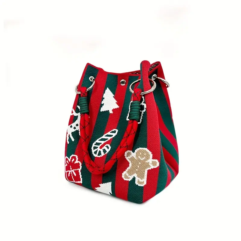 Women's Knitted Gingerbread Man Fashion Handbag - Festive Red & Checkered, Magnetic Closure, Removable Strap, Golden Accents, Polyester Material, Fashionable Patterned Bag, Christmas Gift, Holiday Accessory, Synthetic, Plaid Print, Gift-Ready