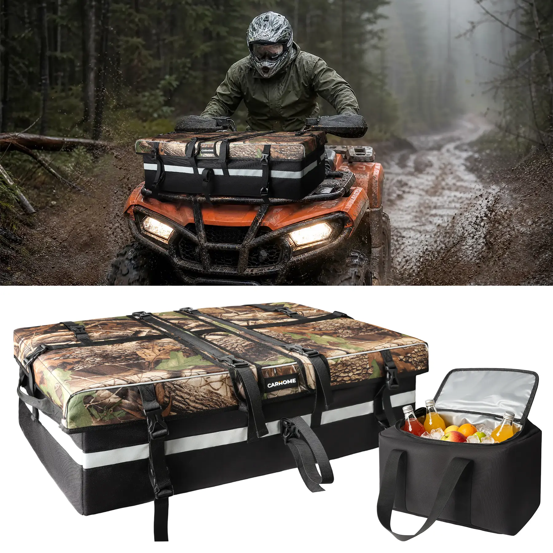 CARHOME 80L Zipperless Luggage ATV Storage Bag - 13L Insulated Cooler, Front & Rear Rack Compatible Cargo Bag with Raincover, Grooved Panel for Hunting, Camping