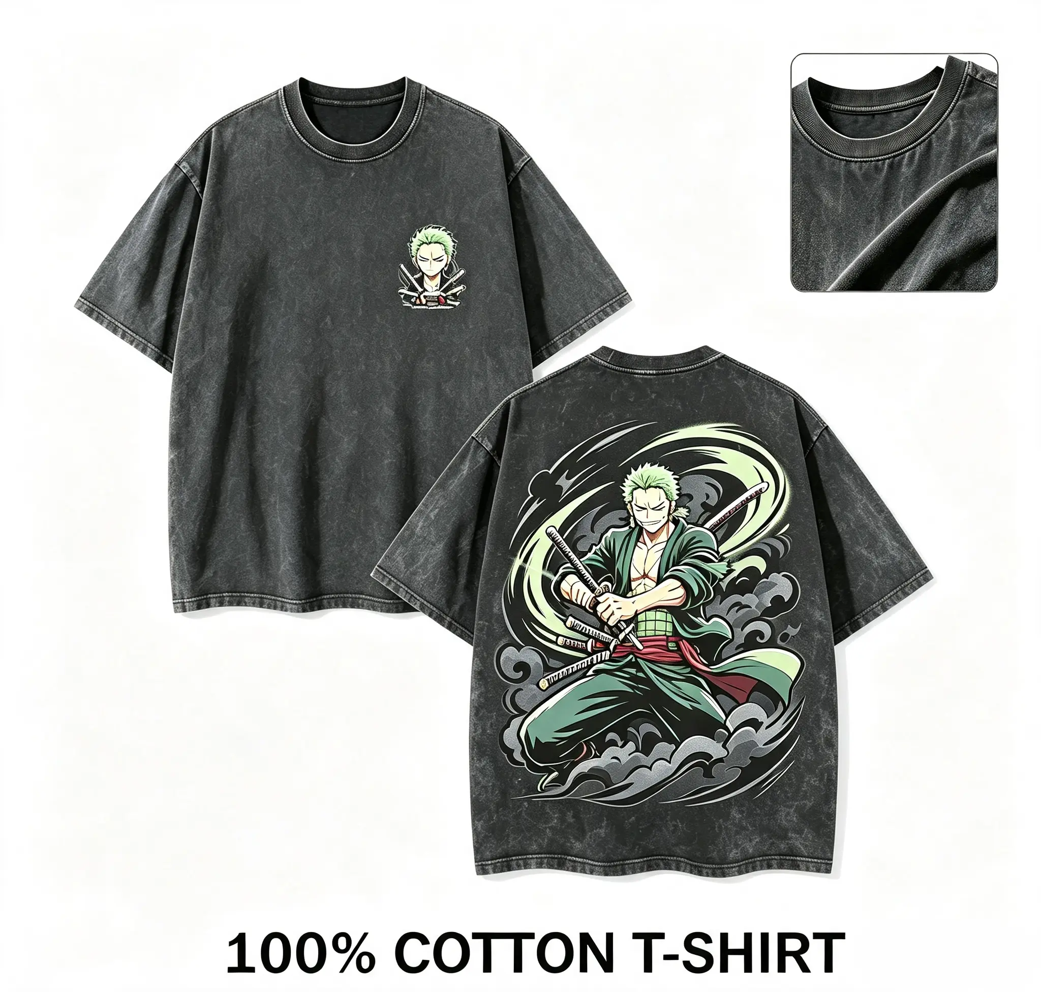 Men's 100% Washed Cotton Oversized T-Shirt - 1 Piece Roronoa Zoro Front-Back Graphic Tee, Loose Hip-Hop Streetwear, Casual Outfit for Anime Lovers,trendy t-shirt,everyday t shirt