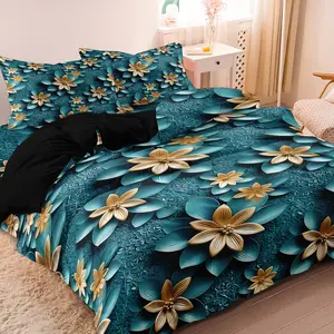 3pcs Deep blue-green color & Golden flower pattern Bedding Decorative Duvet Cover Set (1 Duvet Cover + 2 Pillowcases,No Comforter, No Pillow) Zip Closure, Machine Washable - Ideal for All Seasons, Perfect Gift for Family & Friends Bedroom Bedding Set