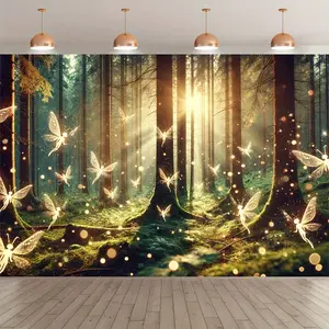 1pc Enchanted Forest Fairy Scene Polyester Photography Backdrop Tapestry - Whimsical Party Decor with Glowing Fairies & Sunlight Filtering Through Trees, Durable Indoor/Outdoor Backdrop for Weddings, Birthdays, Holidays, Studio Props, Fair
