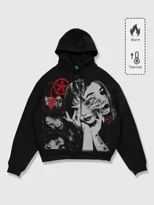 Trendy Unisex Pullover Hoodie, Men's Streetwear Long Sleeve Casual Sweatshirt, Creative Portrait Pattern, Fall & Winter Fashion, Casual Print Hoodie