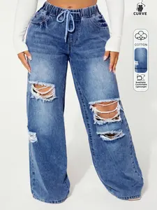 Women's Plus Size Ripped Denim Jeans, High Waist Elastic Waist Drawstring, Loose-Fitting Long Pants, Casual Y2K Style, All Seasons Fashion