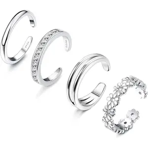 3 Pcs 925 Sterling Silver Toe Rings for Women Open Adjustable Band Rings Jewelry Set