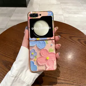 Electroplated Gold Edge Oil Painting Flower Flip Phone Case, Full Coverage Protection for Samsung Zflip3/4/5/6/7fe