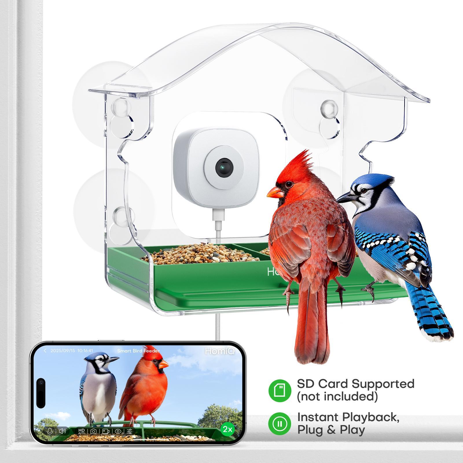 HomiQ Ai Smart Window Bird Feeder with 2K AI Camera – Auto Bird Species Recognition & Instant Alerts, Strong Acrylic, Starlight Night Vision, Anti-Glare, 5GHz WiFi, 24/7 Recording – Great Gift for Kids & Bird Lovers HomiQ Ai Smart Window Bird Feeder with 2K AI Camera – Auto Bird Species Recognition & Instant Alerts, Strong Acrylic, Starlight Night Vision, Anti-Glare, 5GHz WiFi, 24/7 Recording – Great Gift for Kids & Bird Lovers