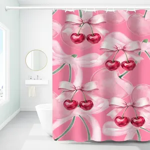 1pc Pink Cherry Bow Printed Shower Curtains with Plastic Hooks, Shower Curtain for Bathtub Bathroom,Suitable for Home and Hotel, Machine Washable Bathroom Decor,As Best Gifts for Friends