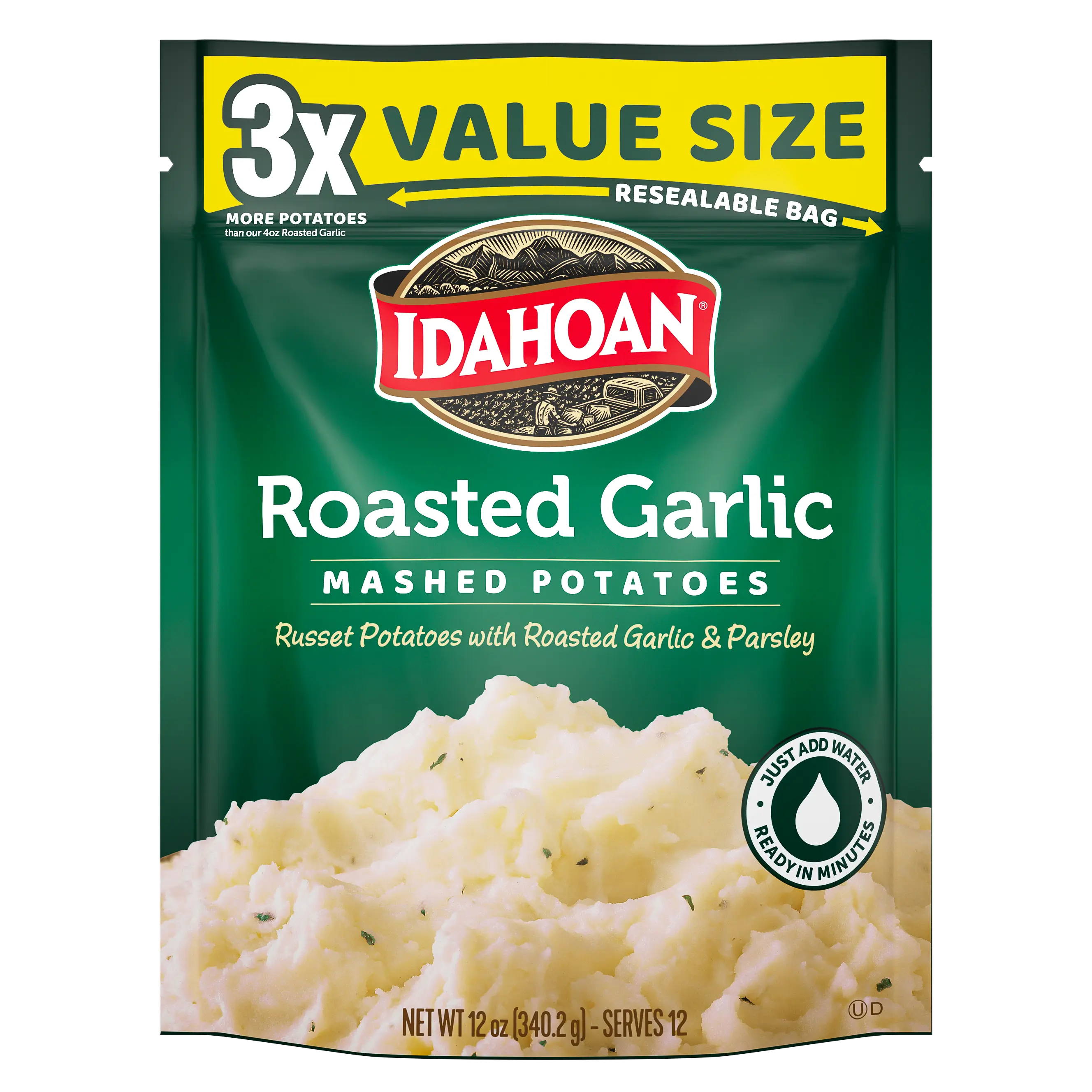 Idahoan Roasted Garlic Mashed Potatoes Value Size, 12 oz, Pack of 8