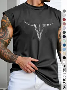 Men's Regular Fit Bull Head Print Casual Breathable Sleeveless Tank Top, Casual Comfy Crew Neck Top for Summer, Fashion Men's Clothes for Daily Wear