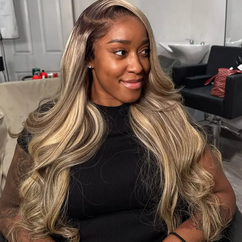 Rina 13x6 Ombre Milk Tea Ash Blonde with Brown Highlights Lace Front Wig 100% Virgin Human Hair 200% Density Pre Plucked HD Lace Wig for Women