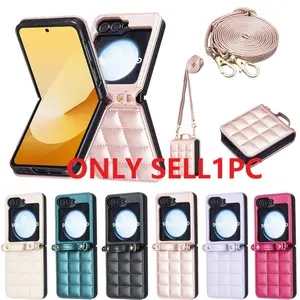 Square Grid Long Rope Case for Galaxy Z Flip Series, Synthetic Leather Flip Cover with Long Strap, Compatible with Z Flip 7/6/5/4/3