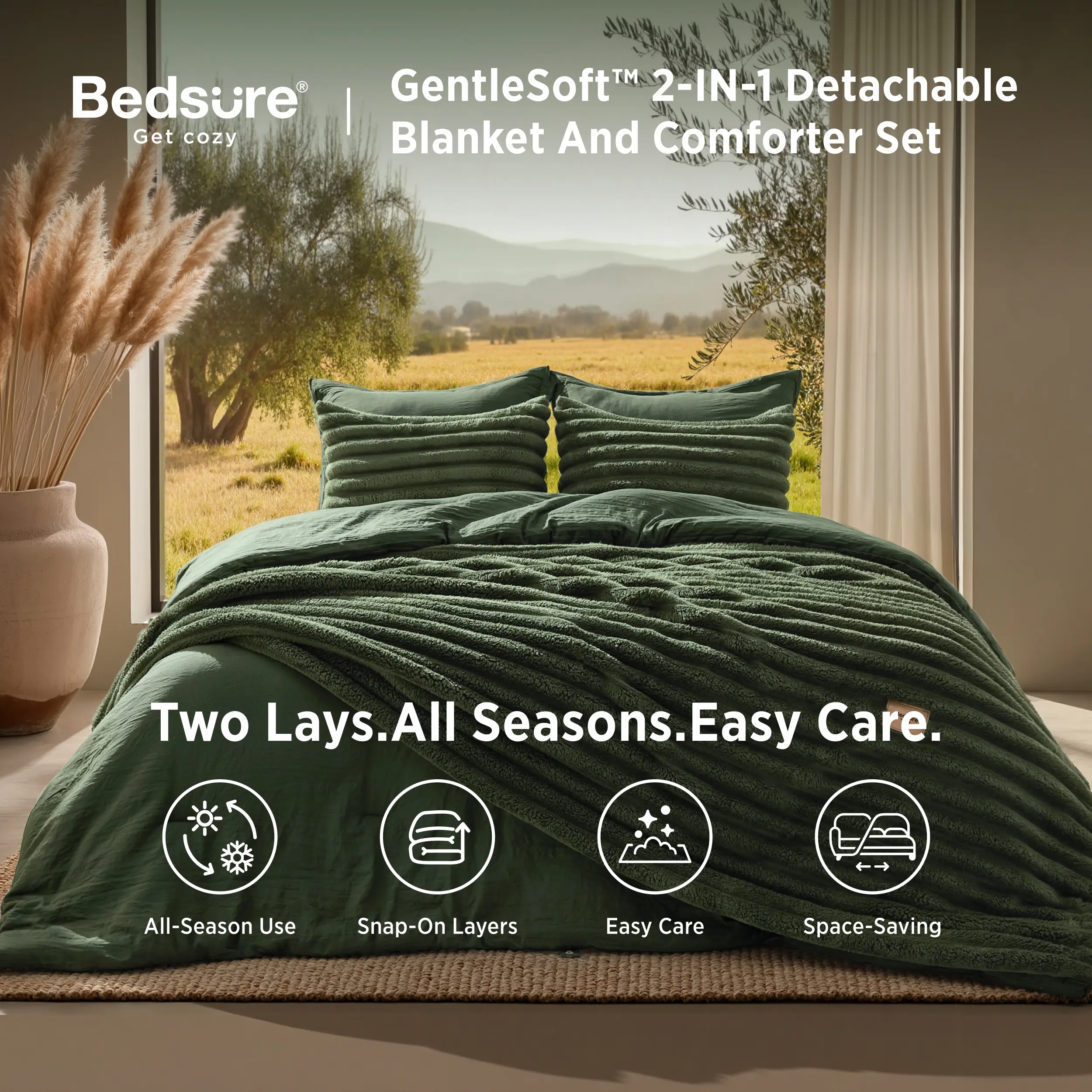 【backtoschool】Bedsure 6 Pieces Gentlesoft 2-in-1 Comforter Set and Detachable Fluffy Blanket,  All Season , SnapTech Design for Space Saving,Augtober Gift