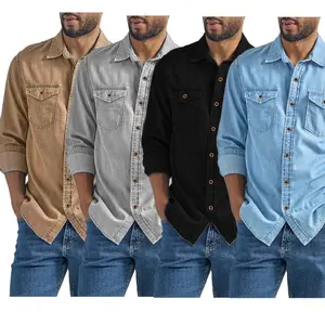 Men's Casual Collared Cotton Long-Sleeve Denim Cardigan Top - Plain, Black, Grey Options, Cotton Fabric - 2026 Menswear Clothes for Spring, Autumn