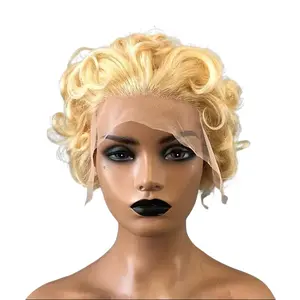 Women's Glueless 13x1 Lace Front Human Hair Wig - 613# Blonde Curly Pixie Wig with Blonde Lace Front, Glueless Wigs, Blonde Lace Frontal