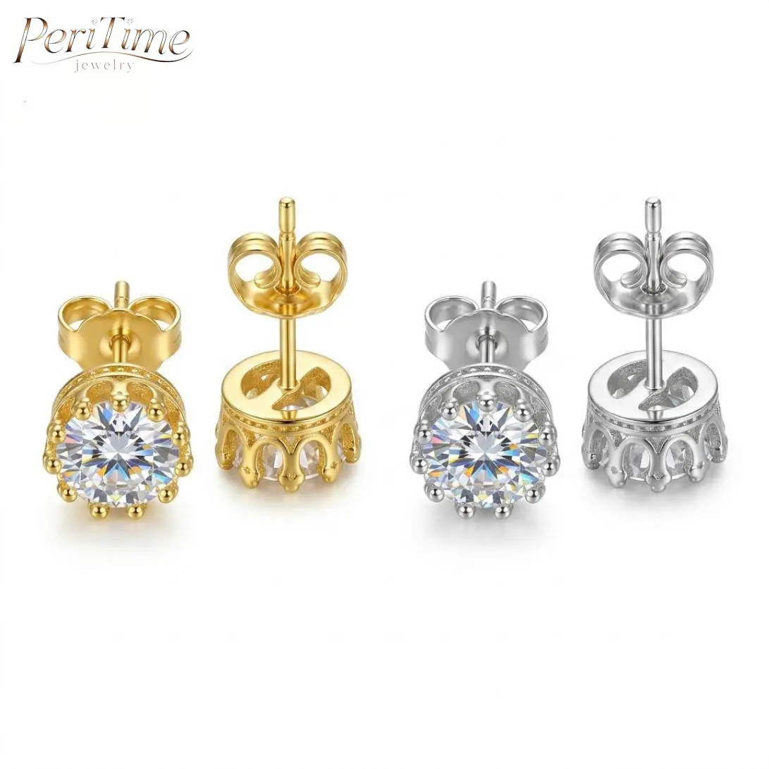 PERITIME Women's 925 Sterling Silver Crown-Style Zircon Stud Earrings - 1-Carat Diamond-Like Sparkle, Tarnish-Resistant, Hypoallergenic, Nickel-Free, Butterfly Back, Round Stone, Bridesmaid Jewelry (Ideal Anniversary/Birthday Gift)
