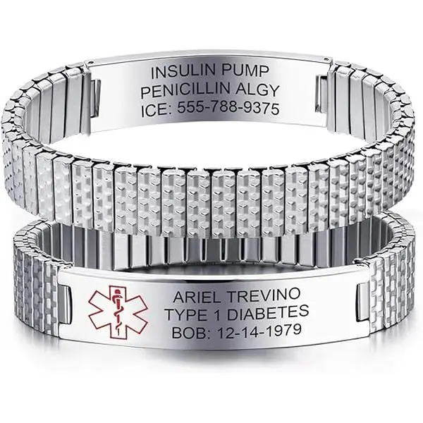 Personalised Medical Alert Bracelet for Men - Customised Stainless Steel Stretch Bracelets Engraved Medic Info, Emergency Awareness Medic ID Bracelet for Autism Allergy Diabetic Asthma Epilepsy Dnr