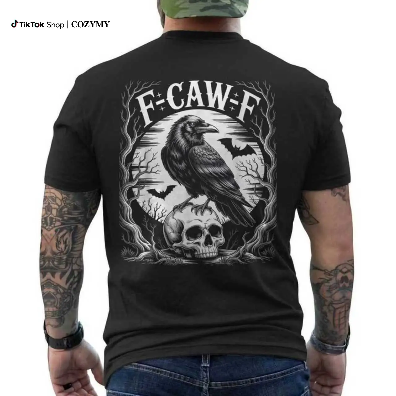 Black Crow, F-Caw-F Funny  moon Gothic Adult Humor ON BACK T-Shirt menswear graphic