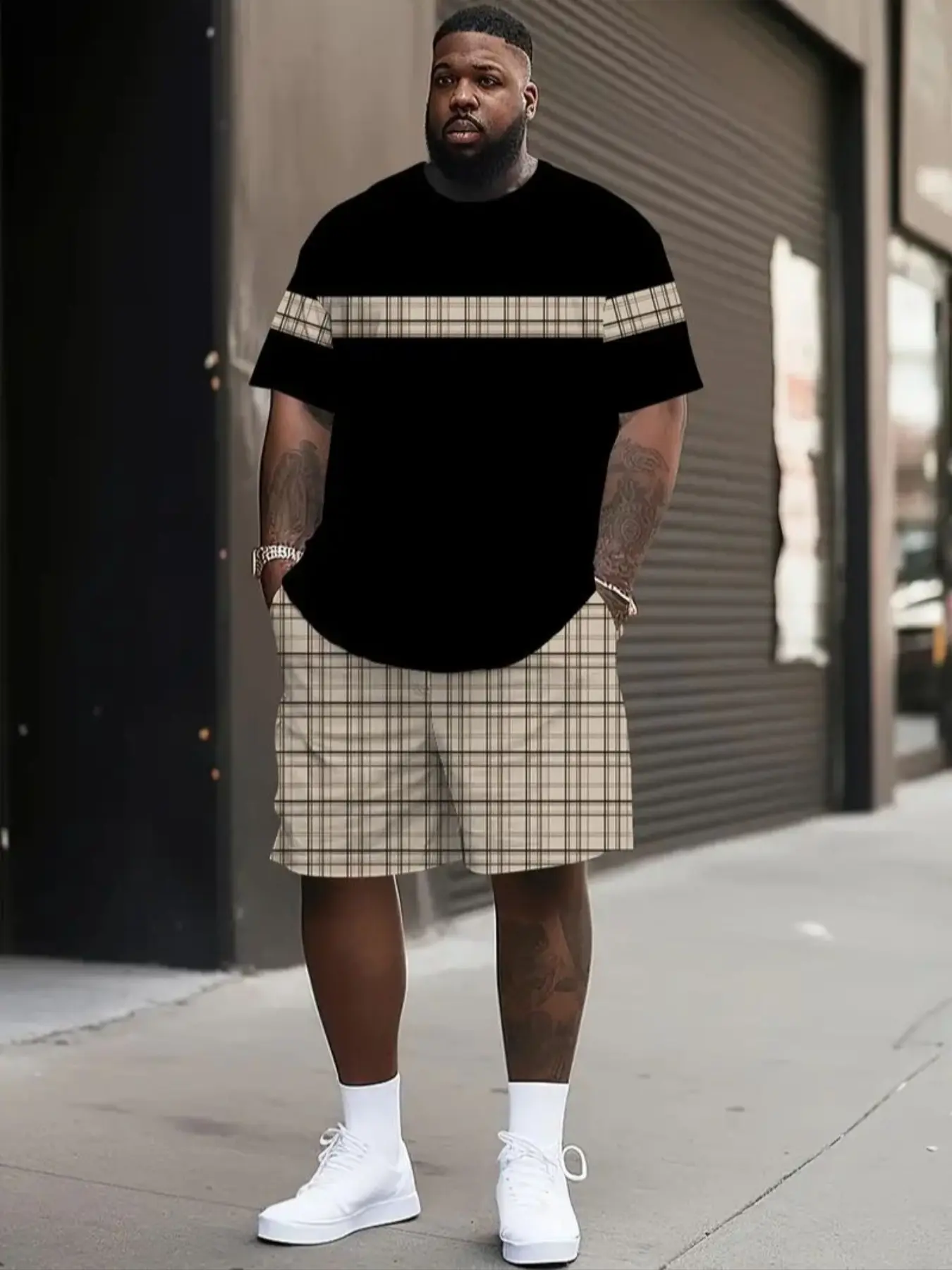 Men's Plus Size Classic Fashion Checked Plaid Print Two-Piece Set, Round Neck Short Sleeve T-Shirt and Shorts, Lightweight Comfortable Summer Casual Wear, Fabric, Menswear, Clothes