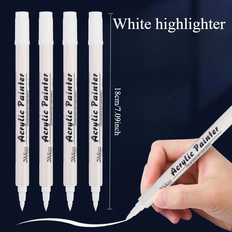 Acrylic White Highlighter Markers - 4pcs, 18cm, Waterproof Fast-Dry Durable Ink, DIY Art Tools, Office Stationery for Students Artists
