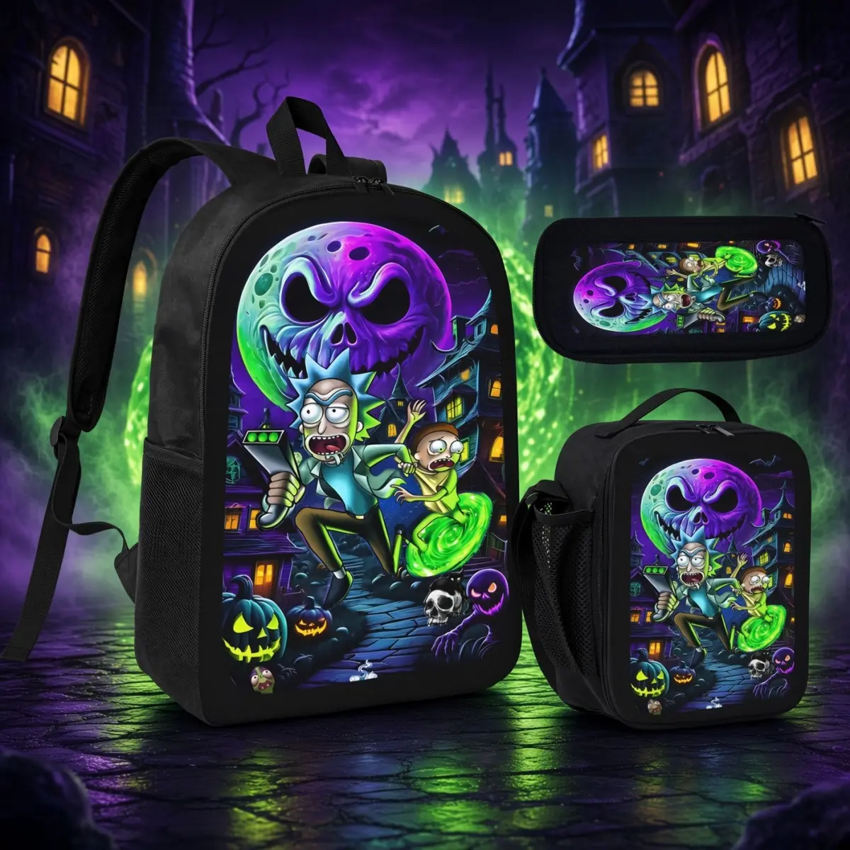 Rick and Morty Halloween 3-in-1 Backpack Set for Kids - Insulated Lunch Bag, Pencil Pouch Included, Spooky Sci-Fi Cartoon Graphic School Bag for School & Daily Travel