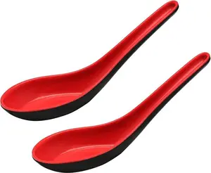 2PCS Asian Soup Spoons, Miso Ramen Wonton Dumpling Pho Rice Noodle Soba Soup Spoons, Red and Black Melamine Spoons