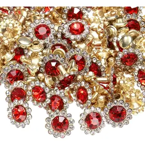 100 Set Rhinestone Rivets Studs 11mm Crystal Rivets Sun Flower Diamond Spots Leathercraft Studs for Clothing Leather Fabric Decoration, Red