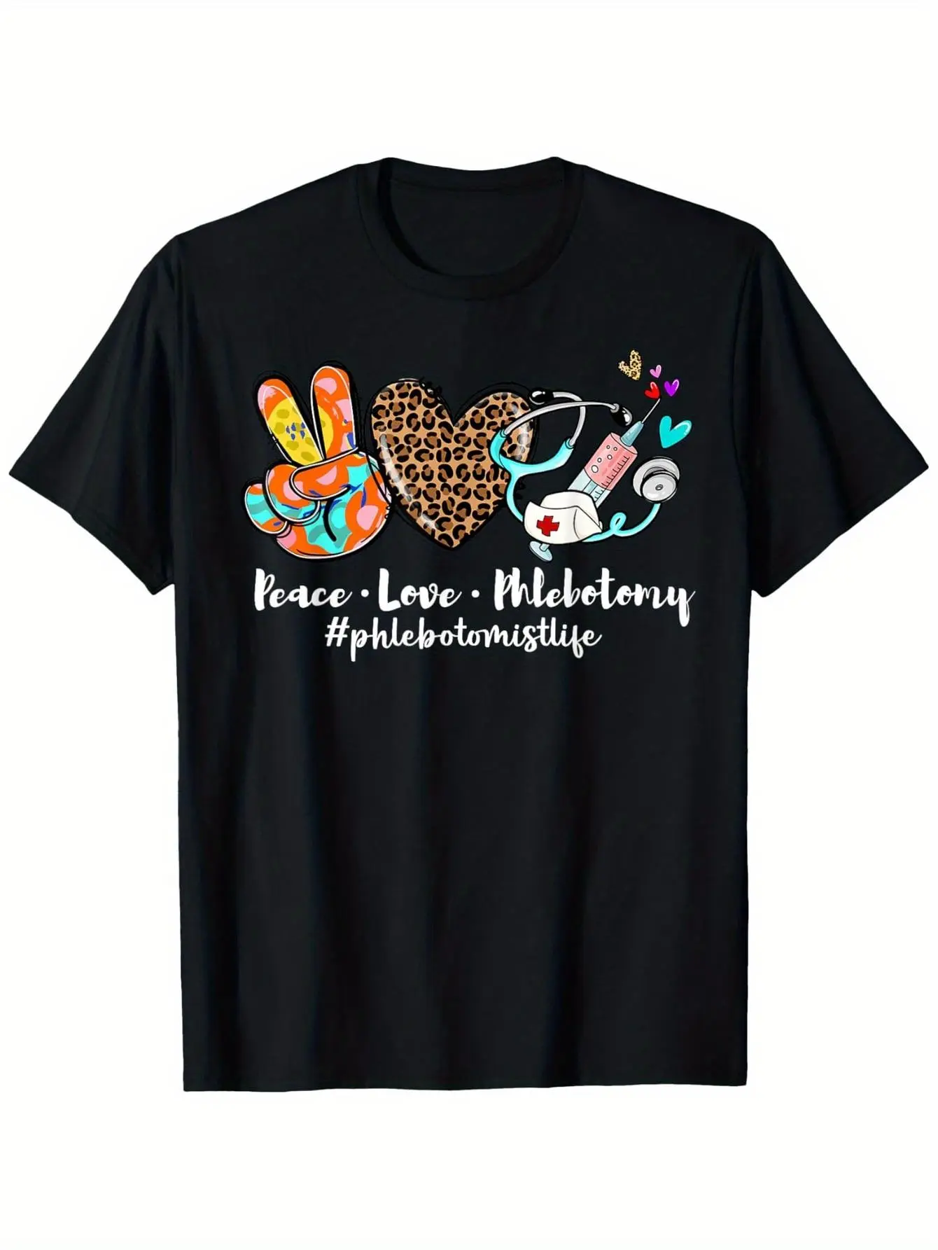 Peace Love Phlebotomy Leopard Phlebotomist Life T- unisex soft cotton short sleeve t shirt, vintage graphic casual tee for men women teens, perfect birthday holiday gift for camping travel gym daily street  wear