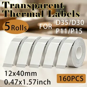 Transparent Thermal Label Paper, Waterproof Oil-Resistant Self-Adhesive Labels, 160 Sheets, Compatible with Laser and Inkjet Printers, 12mm X 40mm