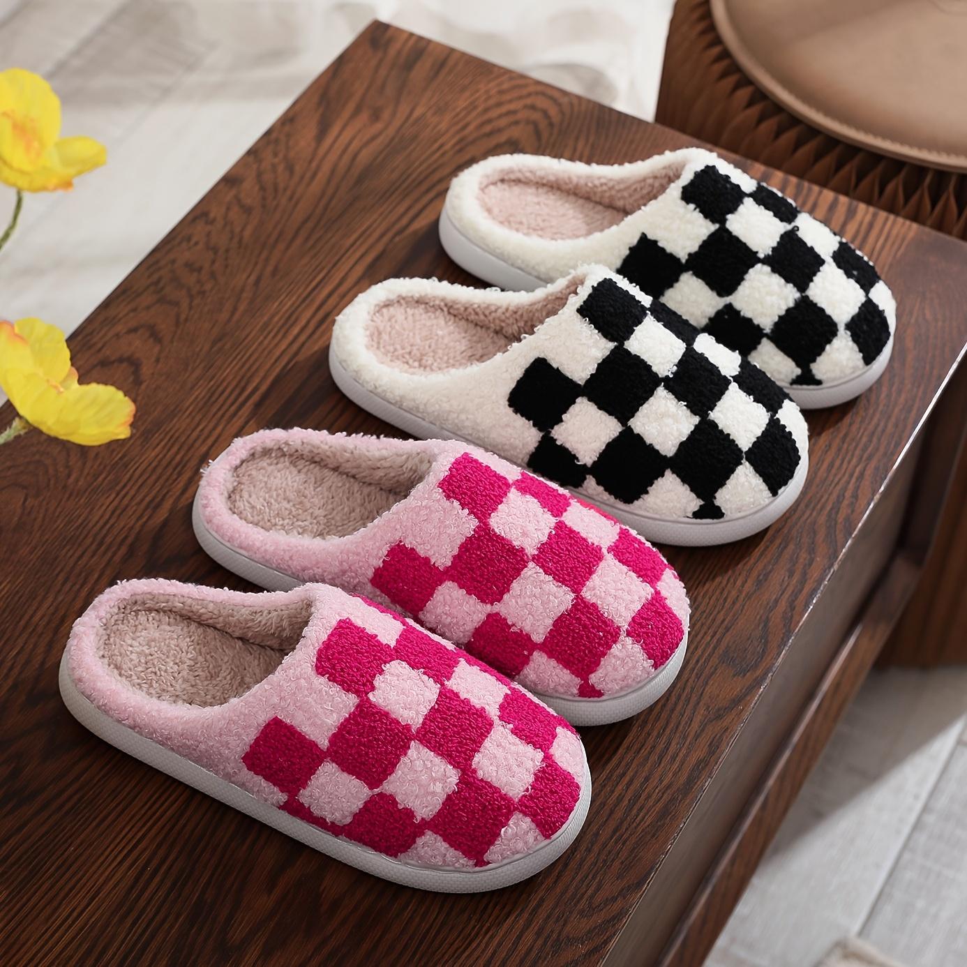 Women's Stylish Easy Checkered Fuzzy Slippers, Indoor Comfort with Thick, Soft, Warm, Silent Non-Slip Soles, Suitable for Couples