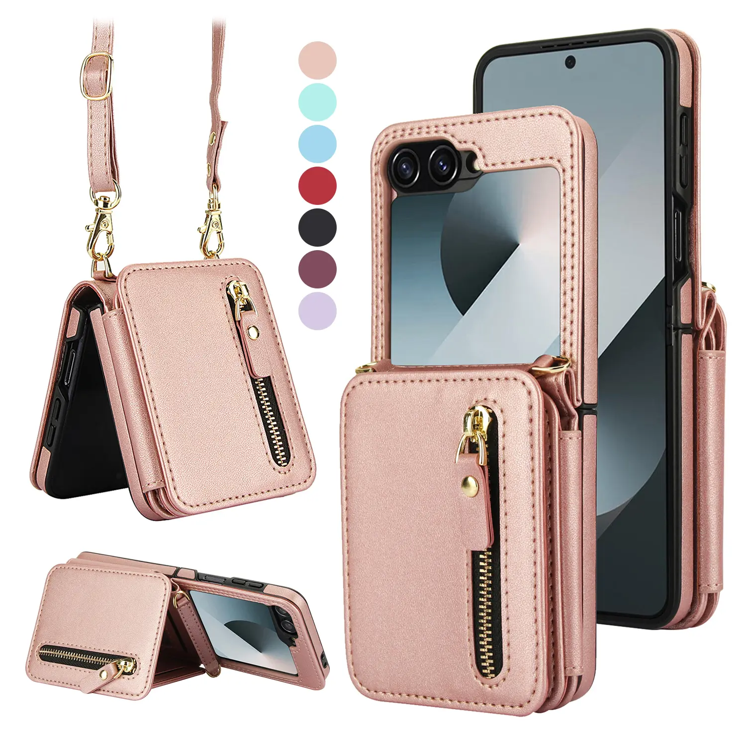 PU Leather Wallet Case for Samsung Galaxy Z Flip 7/7 FE/6/5/4/3 5G, Plastic Phone Case with Built-in Cash Slot, Zipper Purse, Credit Card Holder, Hinge Protection, Kickstand, Adjustable Strap for Women (TikTok Shop Back to School)